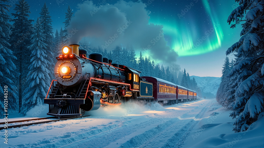 Journey Through a Winter Wonderland: Magical Train Ride Beneath a Dazzling Aurora Borealis in a Snowy Forest Journey Through a Winter Wonderland: Magical Train Ride Beneath a Dazzling Aurora Borealis in a Snowy Forest
