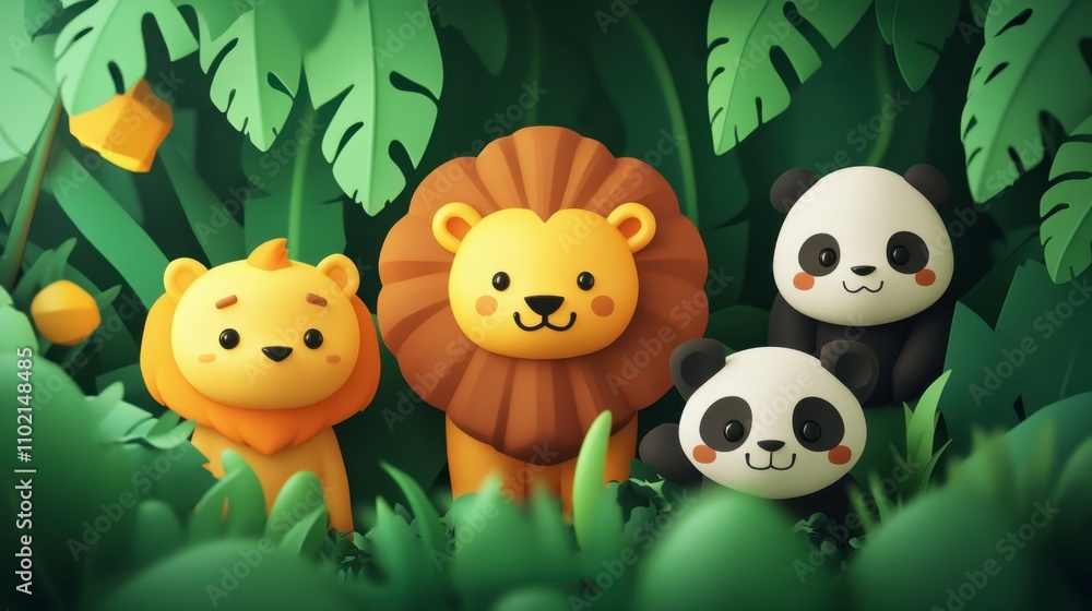 Cute Cartoon Animals in Jungle with Lion and Panda in Forest Cute Cartoon Animals in Jungle with Lion and Panda in Forest