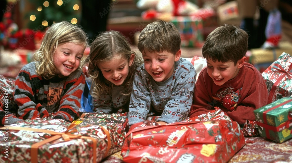 Children surrounded by wrapping paper and gifts, enjoying the holiday joy. Children surrounded by wrapping paper and gifts, enjoying the holiday joy.