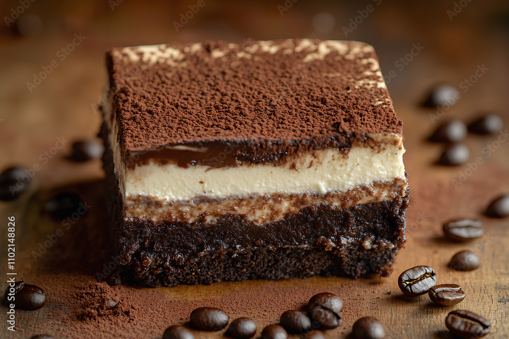 Close-Up of Tiramisu Brownie Slice with Cocoa Dusting and Coffee Beans on Wooden Surface
Close-Up of Tiramisu Brownie Slice with Cocoa Dusting and Coffee Beans on Wooden Surface