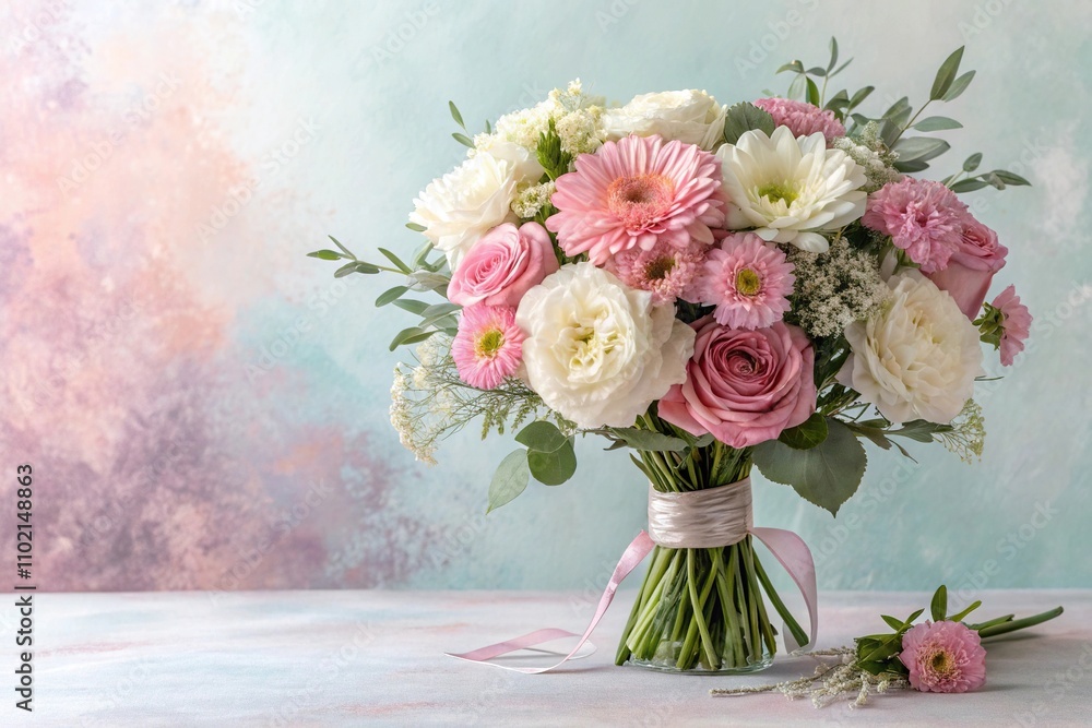 A beautiful bouquet of flowers in various colors including pink and white against a soft pastel background, flowers, stems, grass, bloom A beautiful bouquet of flowers in various colors including pink and white against a soft pastel background, flowers, stems, grass, bloom