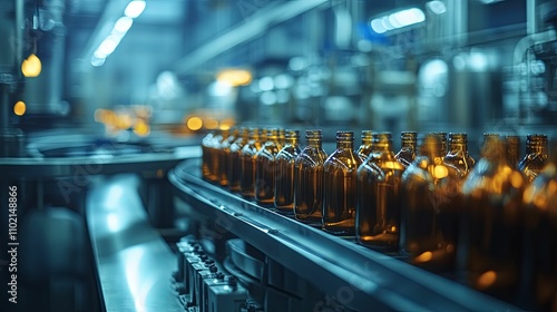 Amber Glass Bottles Moving On Conveyor Belt In Factory photo