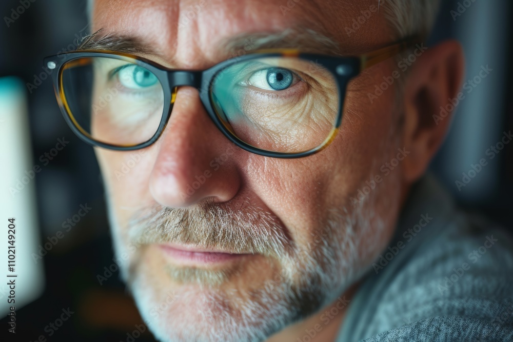 This portrait features a middle-aged man with gray hair and blue eyes, wearing stylish glasses. He gazes thoughtfully, showcasing his rugged charm in soft indoor lighting. This portrait features a middle-aged man with gray hair and blue eyes, wearing stylish glasses. He gazes thoughtfully, showcasing his rugged charm in soft indoor lighting.