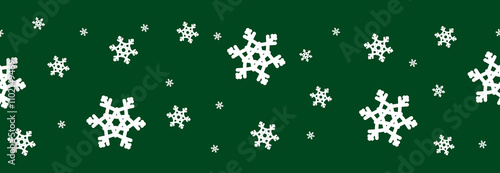 Christmas seamless edging border with snowflakes on green background, new year ribbon design