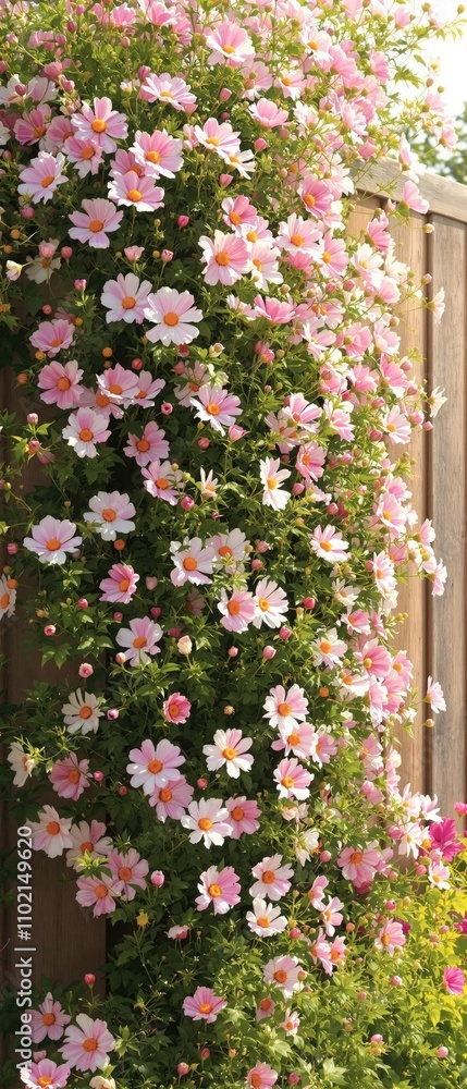 Fototapeta premium A sprawling cosmos flower bush with its full bloom against a warm wooden fence, garden blooms, botanical garden