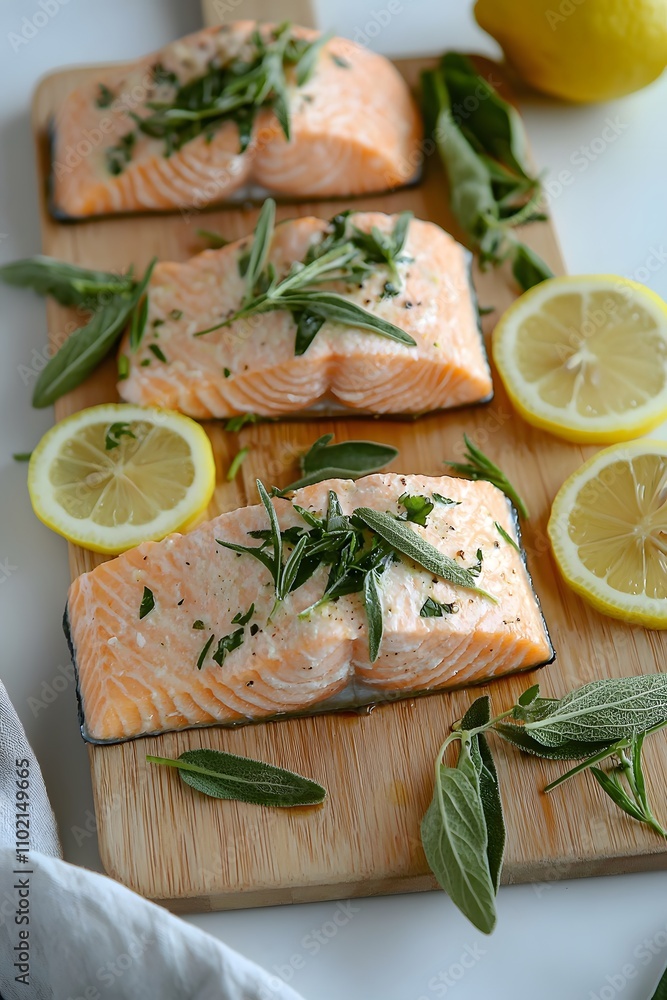 High-resolution close-up of salmon fillet on a wooden board, surrounded by fresh herbs and lemon slices, showcasing a premium protein source. High-resolution close-up of salmon fillet on a wooden board, surrounded by fresh herbs and lemon slices, showcasing a premium protein source.