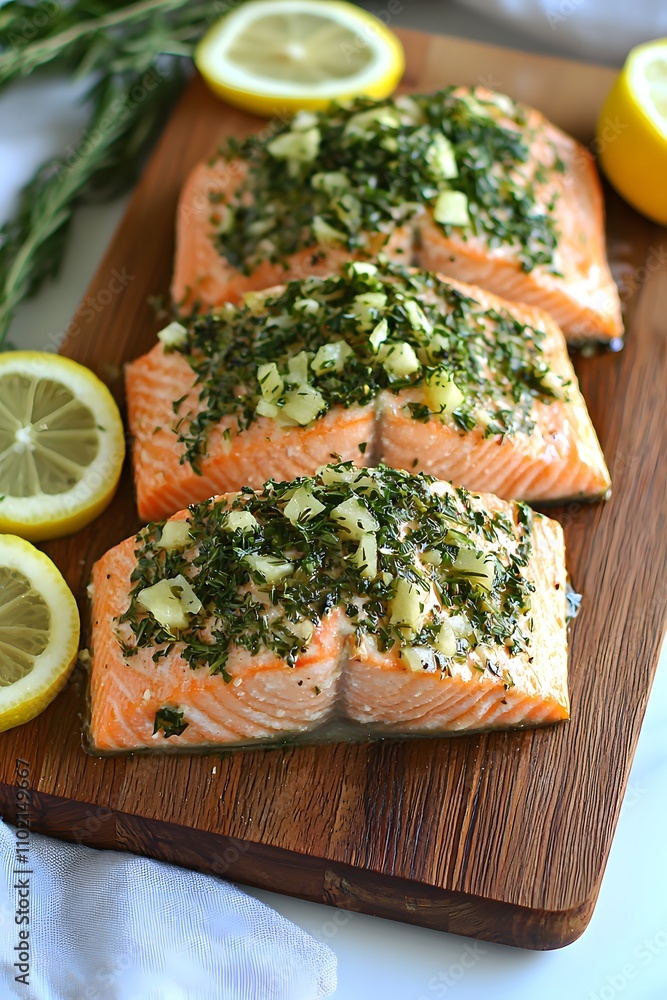 High-resolution close-up of salmon fillet on a wooden board, surrounded by fresh herbs and lemon slices, showcasing a premium protein source. High-resolution close-up of salmon fillet on a wooden board, surrounded by fresh herbs and lemon slices, showcasing a premium protein source.