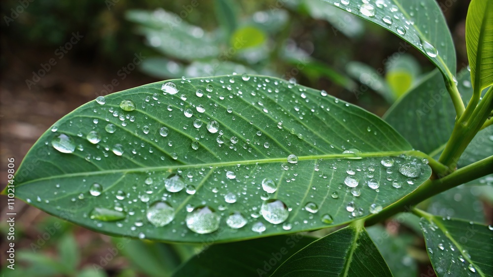 A close-up of a green leaf with dew drops on its surface, dewy leaves, moisture A close-up of a green leaf with dew drops on its surface, dewy leaves, moisture