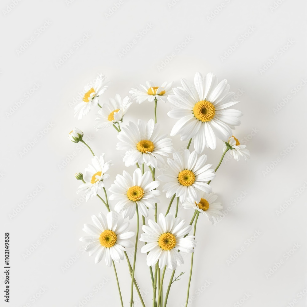 Obraz premium Aesthetic composition of white daisies with sunny yellow centers against a plain white backdrop, design, modern, presentation, minimal, concept