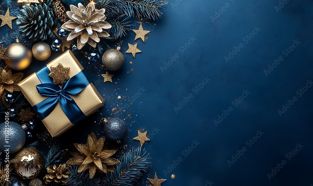 A beautiful top view Christmas present wrapped in gold paper with a blue ribbon, surrounded by festive ornaments and stars on a blue background. Perfect for holiday celebrations and gift-giving ideas A beautiful top view Christmas present wrapped in gold paper with a blue ribbon, surrounded by festive ornaments and stars on a blue background. Perfect for holiday celebrations and gift-giving ideas