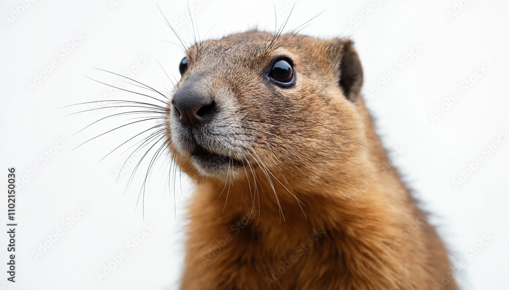 Close-Up of Groundhog's Playful Face on White Background Close-Up of Groundhog's Playful Face on White Background