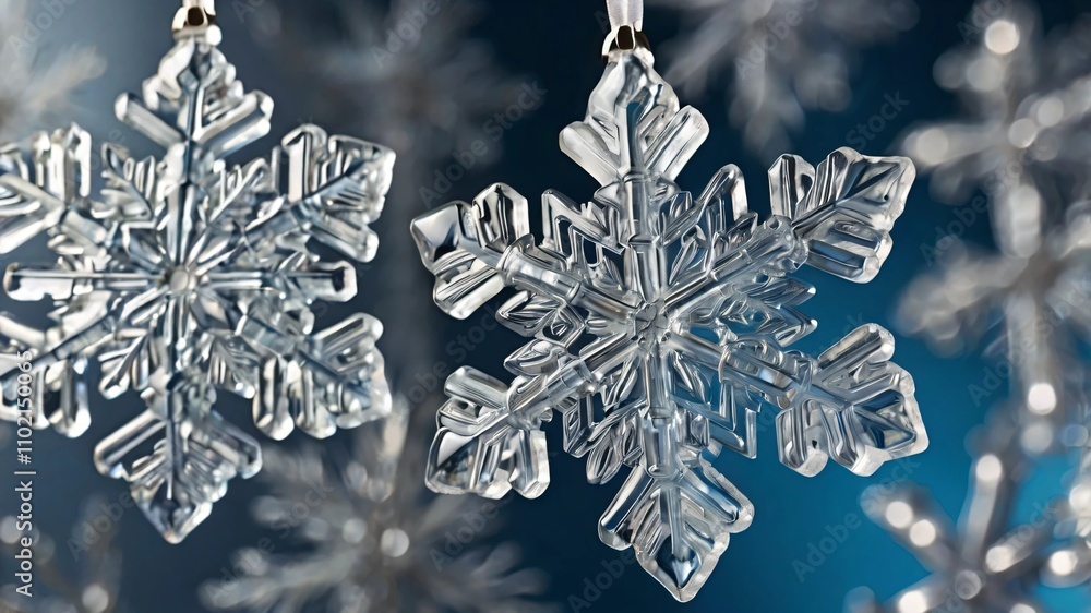 AI GENERATE, Close-up of intricate snowflake ornaments made of glass