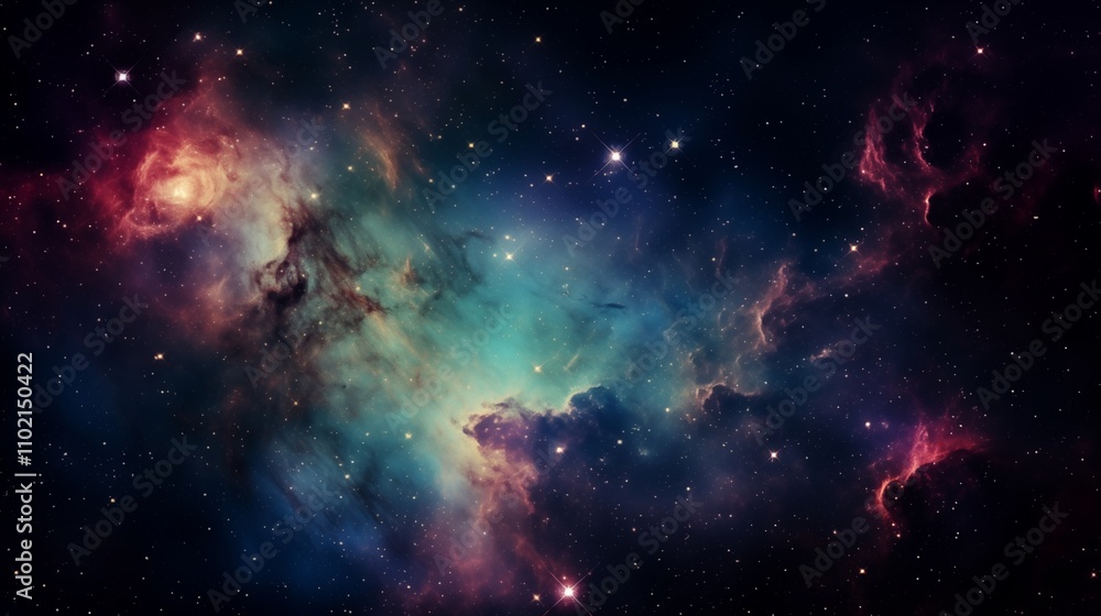 Naklejka premium A starry galaxy with colorful nebulas, backlighting, space on the right,generative ai illustration