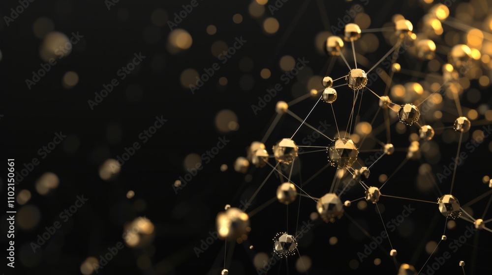 Obraz premium Elegant image of interconnected golden spheres and lines forming a molecular structure, set against a dark background. The glowing nodes and delicate lines suggest themes of connectivity, science, and