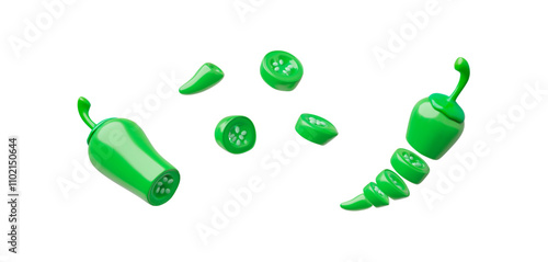 Green hot jalapeno pepper pod chopped 3D vector icons set, Mexican chili pepper, glossy ripe hot spicy vegetable slices