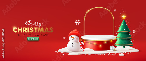 Merry Christmas and happy new year, Podium display, snowman and christmas green tree banner design on red background, Eps 10 vector illustration