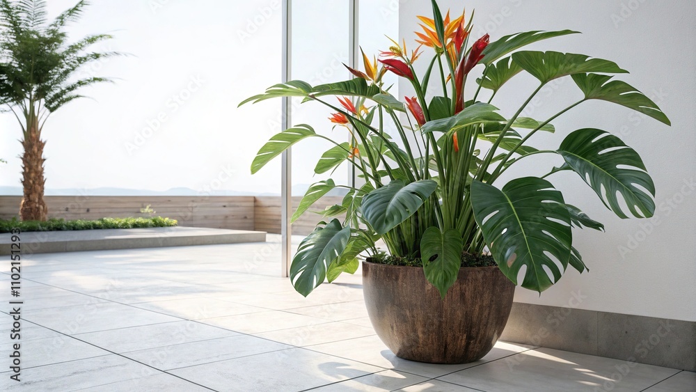 Fototapeta premium A large tropical plant with colorful flowers and big leaves in a modern planter on a light-colored floor, plant lover, greenery