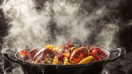 Fresh Seafood Boil with Lobster and Corn in Steaming Pot Scene