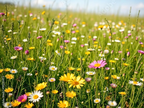 A meadow filled with blooming wildflowers and a few sprigs of rosemary, long day of summer, earthy tones photo