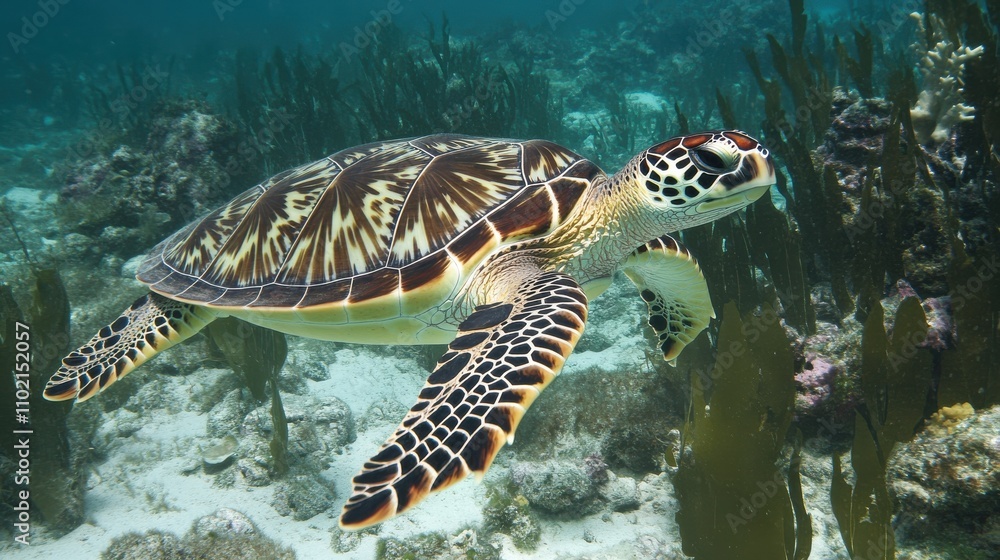 Fototapeta premium A sea turtle gliding gracefully through a vibrant coral reef in clear tropical waters
