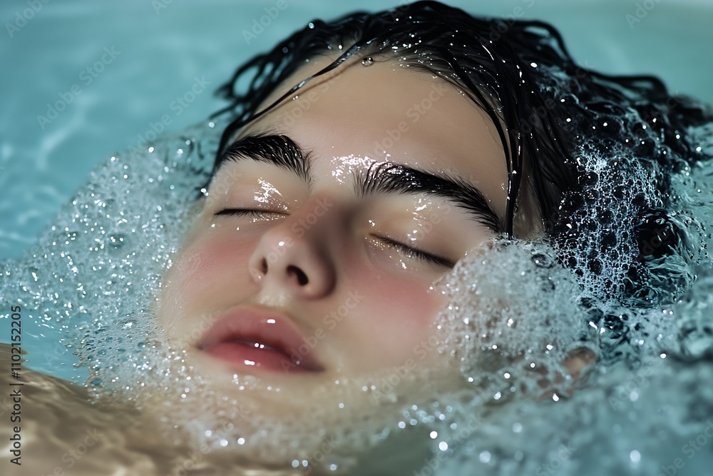 Peaceful Relaxation Submergence Facial Close-up of Young Man in Calm Water : Generative AI Peaceful Relaxation Submergence Facial Close-up of Young Man in Calm Water : Generative AI