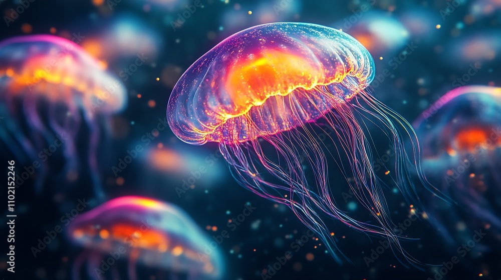 Vibrant and ethereal jellyfish neon glow in deep ocean setting : Generative AI Vibrant and ethereal jellyfish neon glow in deep ocean setting : Generative AI