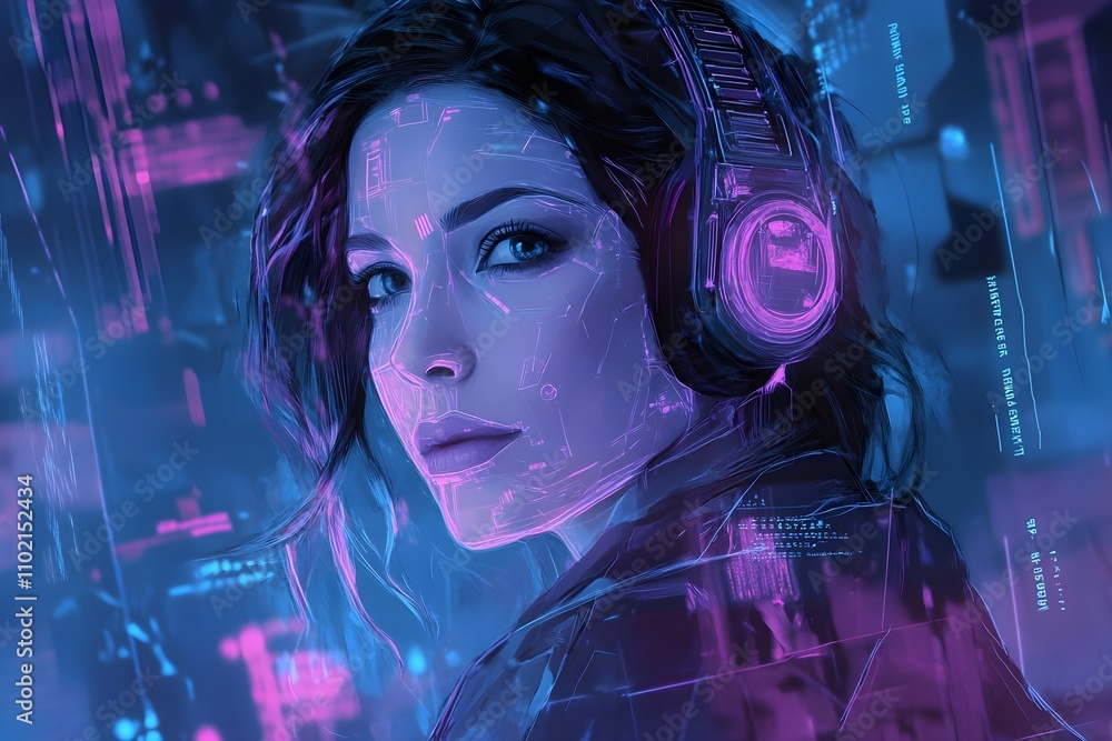 A woman wearing a futuristic headset, depicted in a hologram style A woman wearing a futuristic headset, depicted in a hologram style