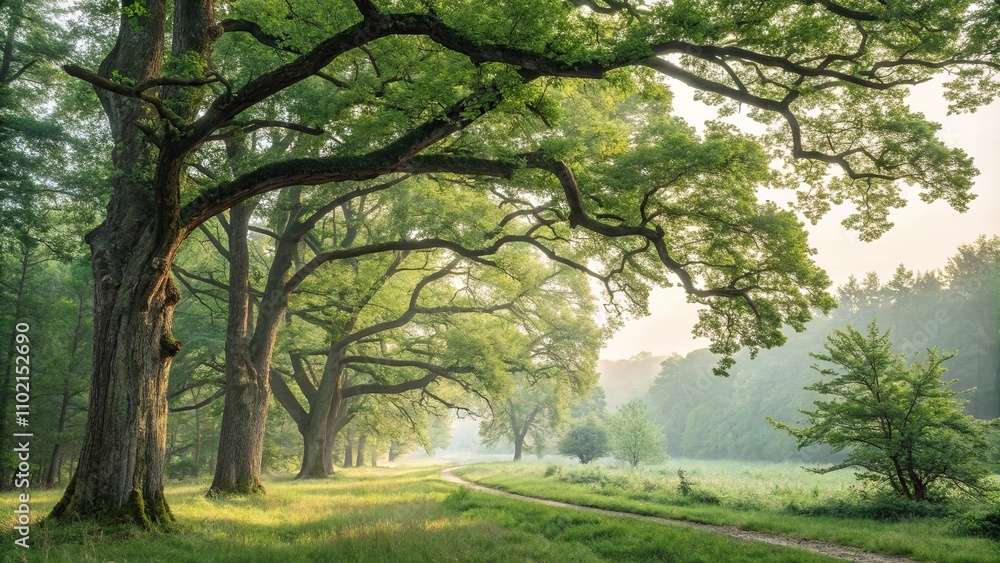 A serene summer forest landscape features towering trees with intricate branch patterns and foliage, forest interior, verdant forest A serene summer forest landscape features towering trees with intricate branch patterns and foliage, forest interior, verdant forest