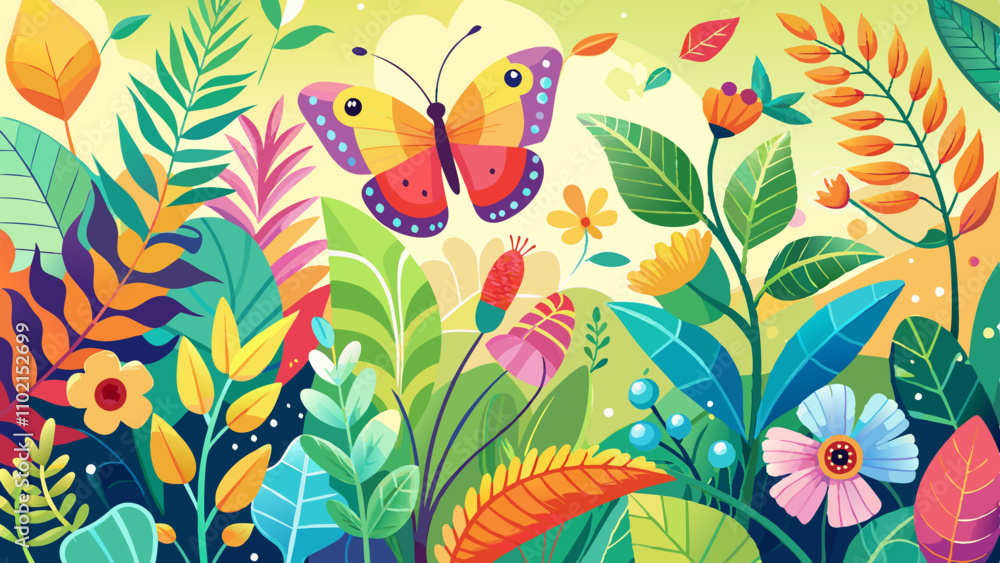 Obraz premium Vibrant butterfly among colorful foliage in a sunny floral landscape filled with diverse plants and lively colors