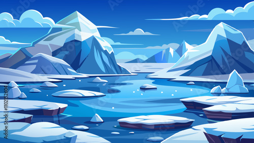 Vibrant arctic winter landscape with icy mountains and calm water under a clear blue sky