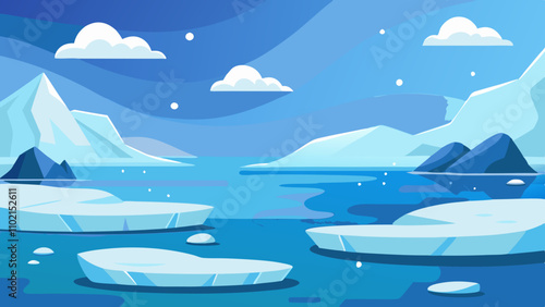 Winter landscape featuring icy waters and mountains in a vibrant arctic setting with clear skies and fluffy clouds