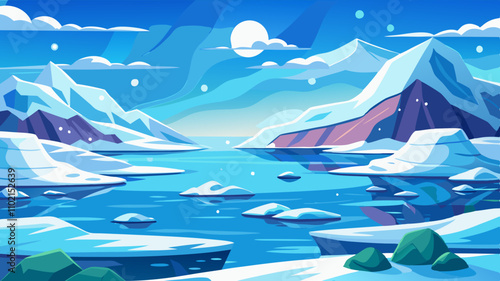 Vivid arctic winter landscape featuring snow-capped mountains and serene icy waters
