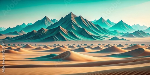 Desert Dreams A Turquoise Mountain Range Overlooking Rolling Dunes, Digital Painting, Fantasy Landscape, Desert, Mountain photo