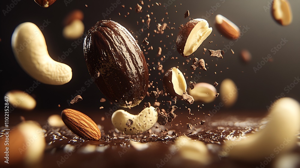 Assorted Nuts and Cocoa Bean in MidAir Breakdown on Dark Surface : Generative AI Assorted Nuts and Cocoa Bean in MidAir Breakdown on Dark Surface : Generative AI