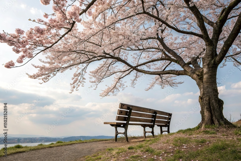 A simple yet stylish wooden bench situated under a blooming cherry blossom tree, floral arrangements, outdoor furniture sets, pink blossoms, nature scenes A simple yet stylish wooden bench situated under a blooming cherry blossom tree, floral arrangements, outdoor furniture sets, pink blossoms, nature scenes