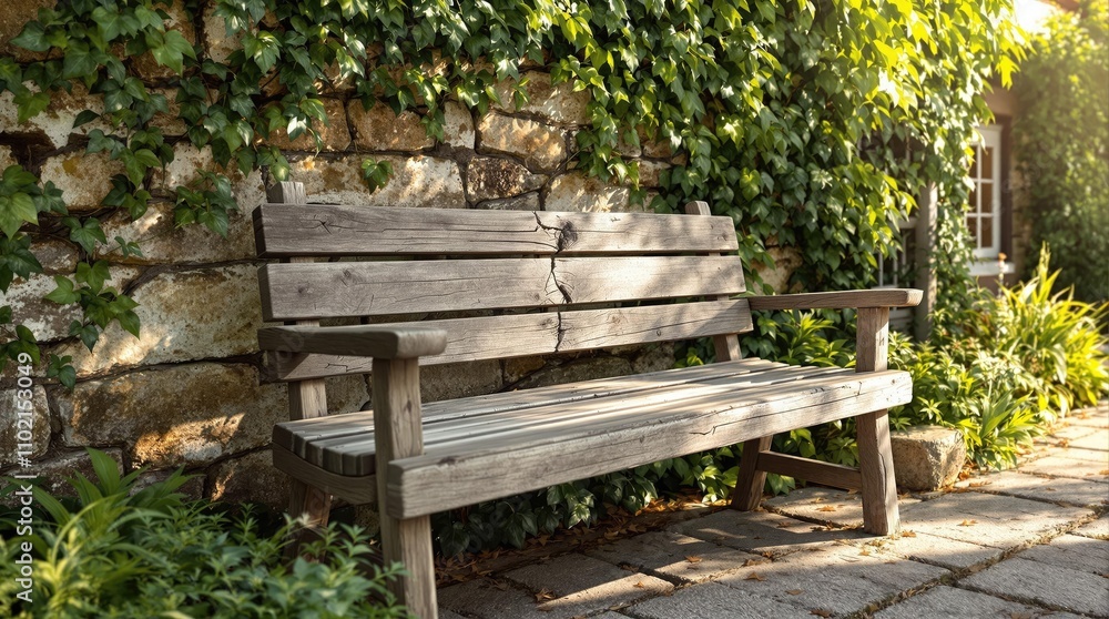 A rustic wooden bench with a weathered finish against a stone wall, cozy cottage exterior, retreat, scenic, cozy, peaceful, quaint A rustic wooden bench with a weathered finish against a stone wall, cozy cottage exterior, retreat, scenic, cozy, peaceful, quaint
