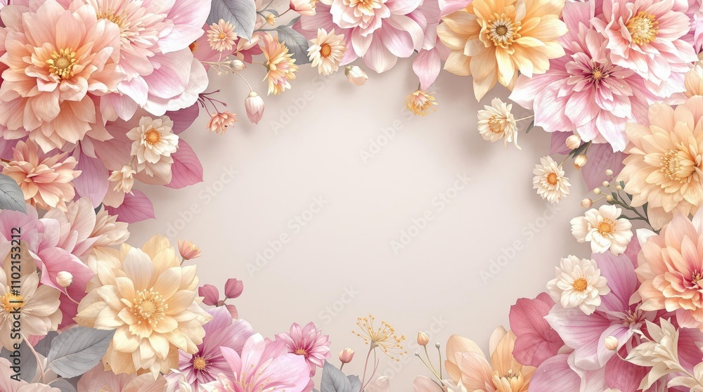 A whimsical arrangement of colorful flowers in a circular pattern on a soft gray background with intricate details, pastel colors, colorful blooms, romantic ambiance A whimsical arrangement of colorful flowers in a circular pattern on a soft gray background with intricate details, pastel colors, colorful blooms, romantic ambiance