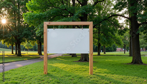 Street banner mockup PSD in a park during golden hour
