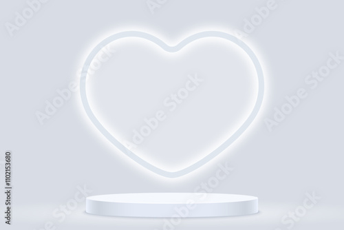 Light grey podium for product presentation with white heart illuminated