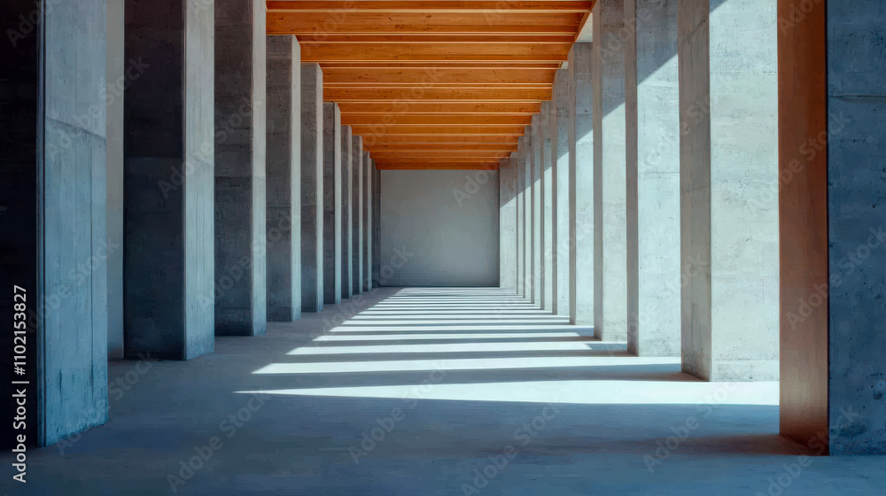 Fototapeta premium A modern architectural interior featuring concrete columns and wooden beams, creating a spacious and minimalist atmosphere with dramatic shadows.