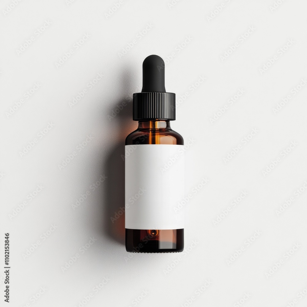 Amber Glass Dropper Bottle with Blank Label on White Background Amber Glass Dropper Bottle with Blank Label on White Background