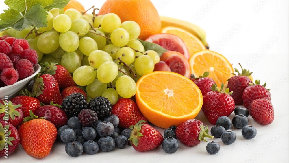 A vibrant and colorful display of fresh fruit grapes berries and citrus fruits arranged in a beautiful still life composition, food, breakfast, fruit, arrangement, decorative A vibrant and colorful display of fresh fruit grapes berries and citrus fruits arranged in a beautiful still life composition, food, breakfast, fruit, arrangement, decorative