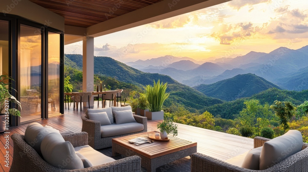 Fototapeta premium Serene Mountain View from Modern Outdoor Living Space at Sunset