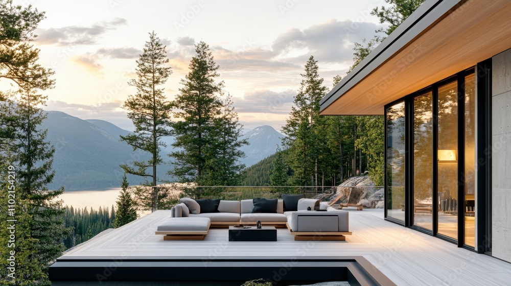 Fototapeta premium Modern Outdoor Lounge Area Overlooking Scenic Forest and Mountains
