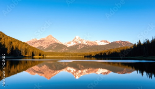 Serene mountain lake reflecting majestic peaks under a clear blue sky at sunrise.