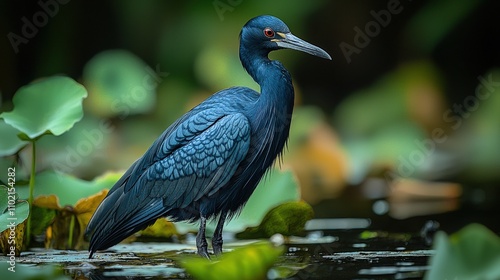 Graceful heron posing amidst vibrant lotus leaves in tranquil wetlands