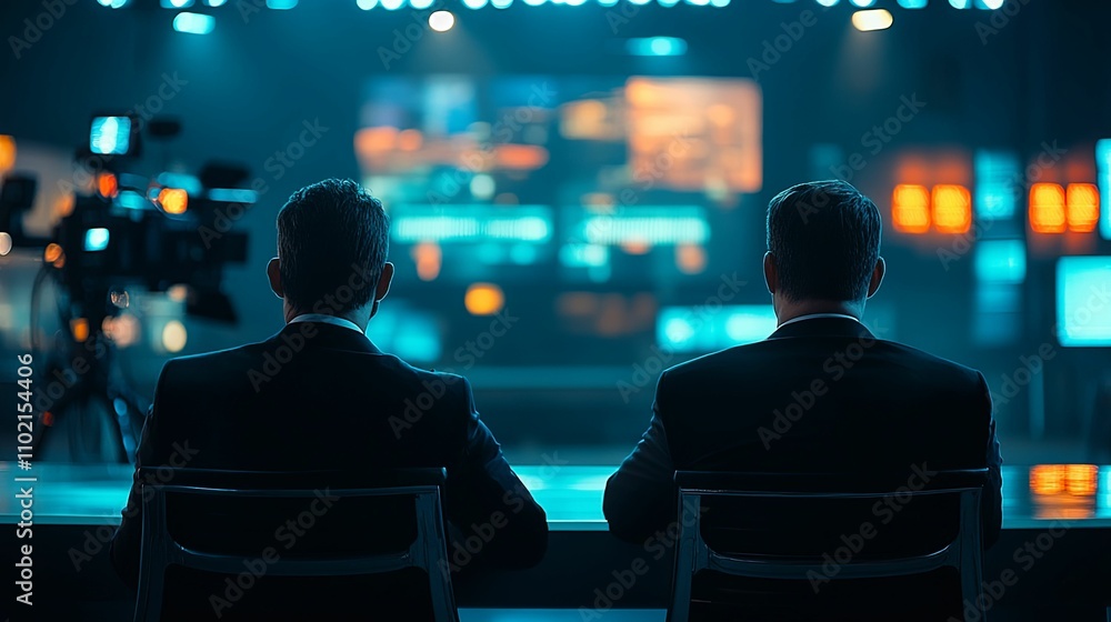 Two Men Sit Facing Away In A Television Studio Two Men Sit Facing Away In A Television Studio