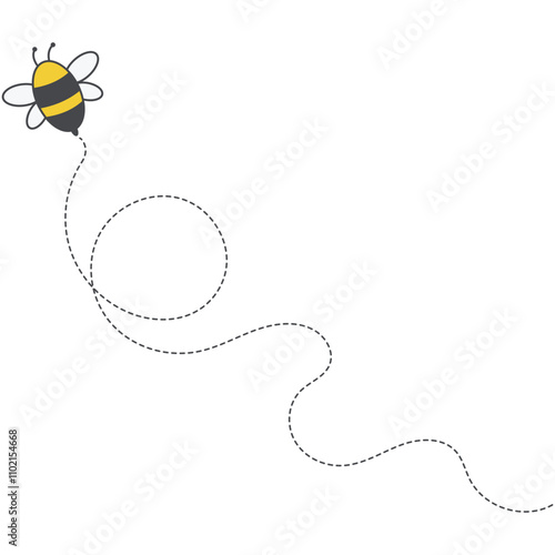 Bee flying path. Bee flying in a dotted line.
