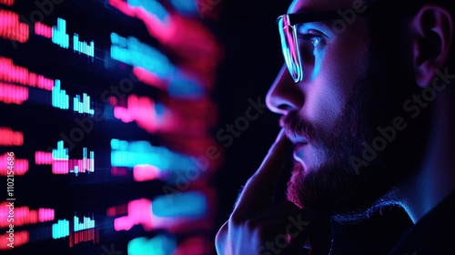 A person with glasses contemplates data displayed in vibrant colors on a digital screen, emphasizing analytics and technology in a dark environment.