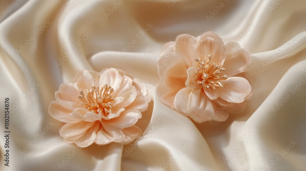 Delicate Peach Flowers on Soft Cream Fabric Background Delicate Peach Flowers on Soft Cream Fabric Background